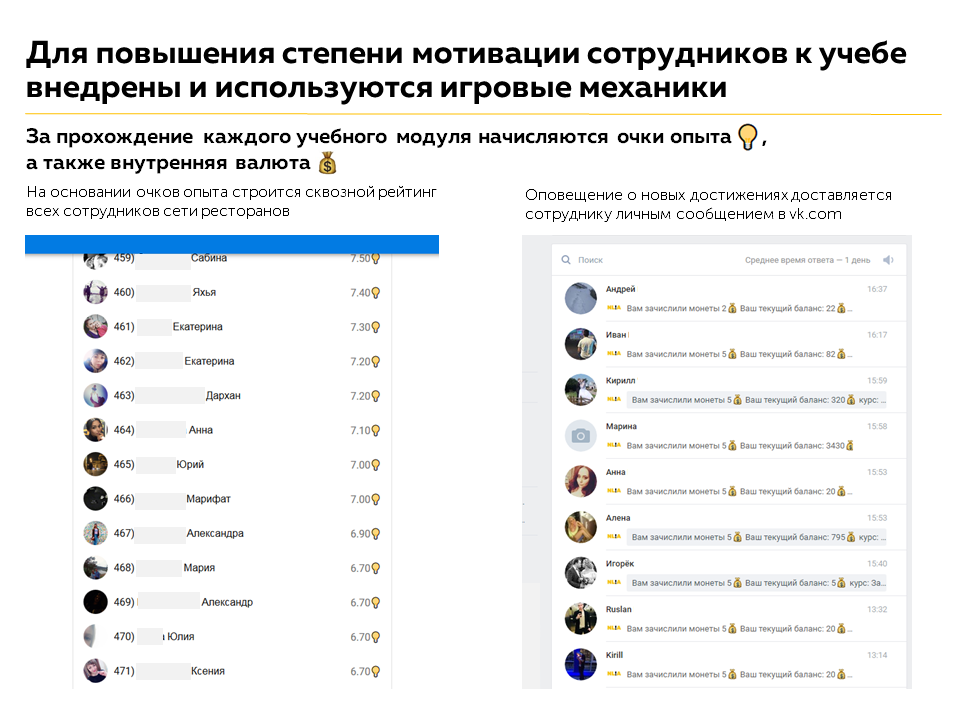 Для повышения степени мотивации сотрудников к учебе внедрены и используются игровые механики
